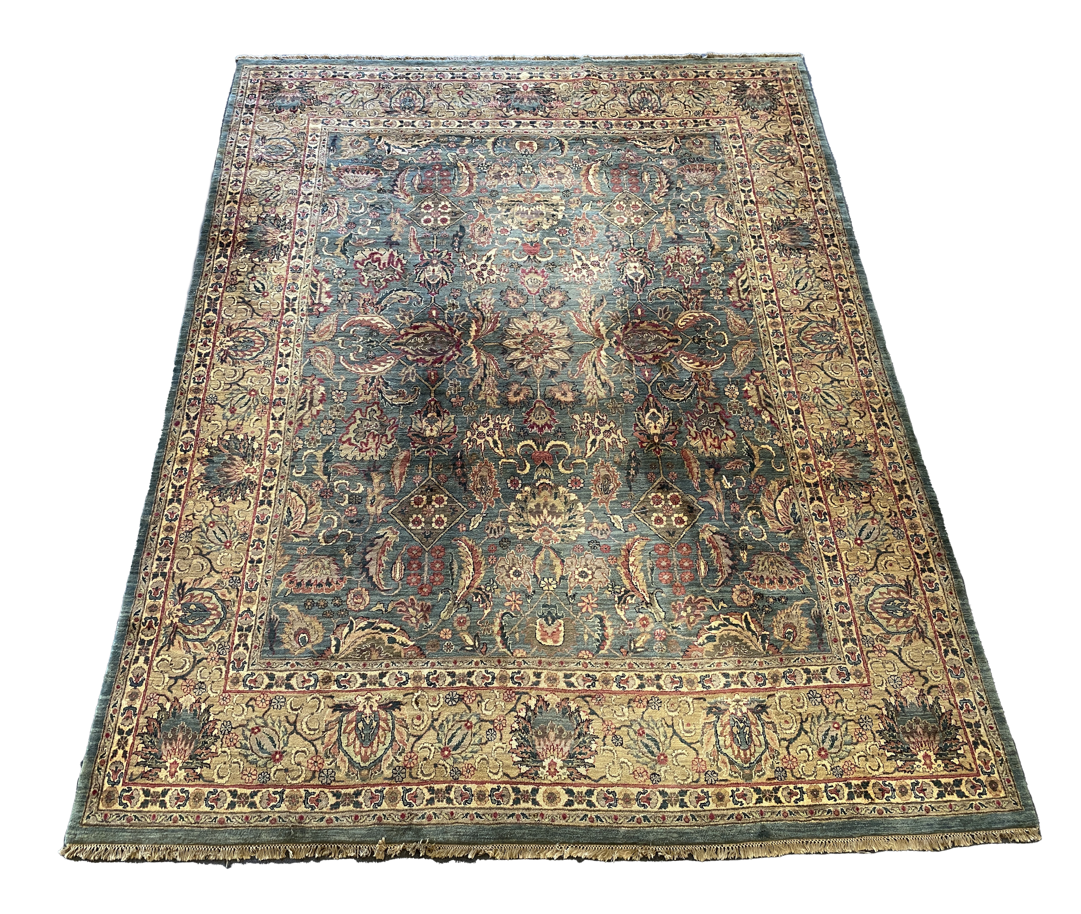 An Indian Persian style sage green ground carpet, 465 x 363cm